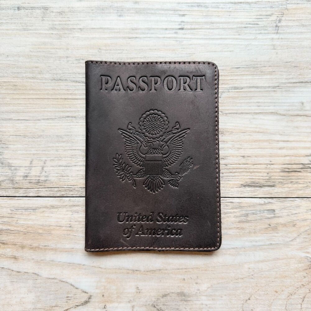 Brown Leather USA Passport Holder Embossed Eagle Travel Cover Vintage Style